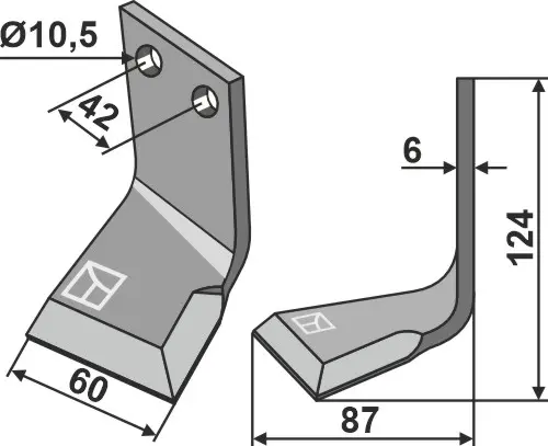 Venstre rotary tind til R2 124 x 60 mm - 10,5 mm hull 