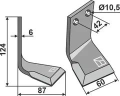 Høyre roterende tind til R2 124 x 60 mm - 10,5 mm hull
