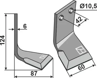 Høyre roterende tind til R2 124 x 60 mm - 10,5 mm hull