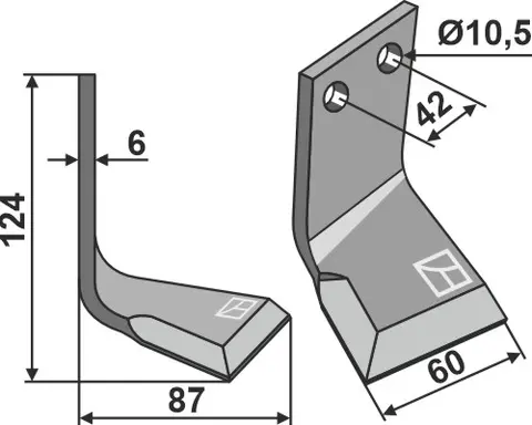 Høyre roterende tind til R2 124 x 60 mm - 10,5 mm hull