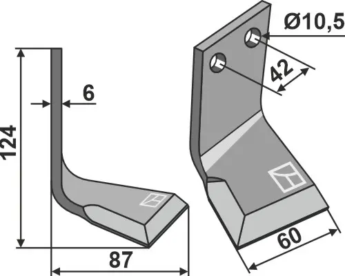 Høyre roterende tind til R2 124 x 60 mm - 10,5 mm hull 