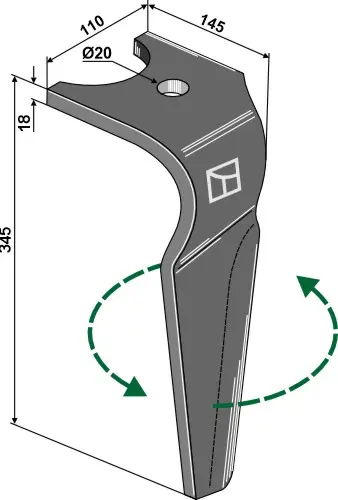 Tine for rotorharv Kuhn 20mm hull, 345mm lengde 