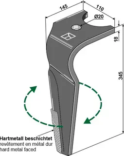 Tine for rotary harrows Kuhn Bredde 110mm, lengde 345mm