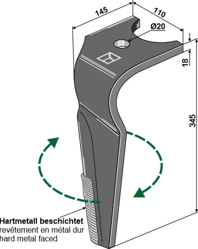 Tine for rotary harrows Kuhn Bredde 110mm, lengde 345mm 