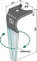 Tine for Kuhn rotary harv Lengde 300mm, Duraface, 20 hull