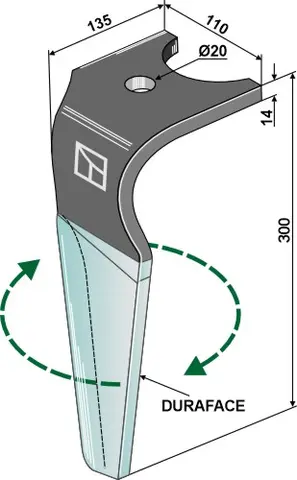 Tine for Kuhn rotary harv Lengde 300mm, Duraface, 20 hull