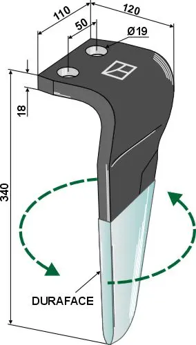 Tine for Kverneland rotary harv L: 340mm, B: 110mm, Type: DURAFACE 