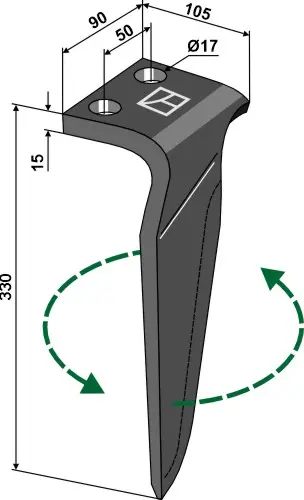 Venstre tind til Maschio/Gaspardo Lengde 330 mm, Bredde 90 mm 