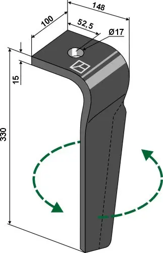 Venstre etterløpstind til Bednar Lengde 330 mm, Bredde 100 mm 