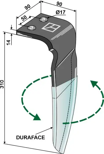 Tine for Vigolo rotary harrows 310mm, 17mm hull, DURAFACE 