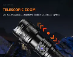 Superfire Teleskop håndlykt 1200 lumen Vekt 205 gram, rekkevidde 800 meter