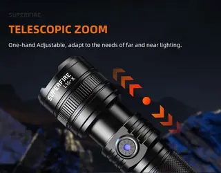 Superfire Teleskop håndlykt 1200 lumen Vekt 205 gram, rekkevidde 800 meter