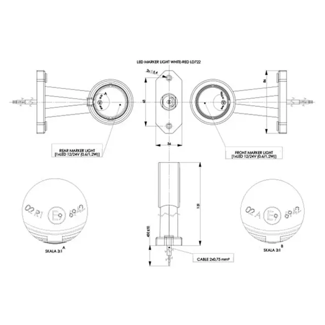 Rødt og hvitt sidemarkeringslys Med 2 stk LED, 12 og 24V, lang arm 