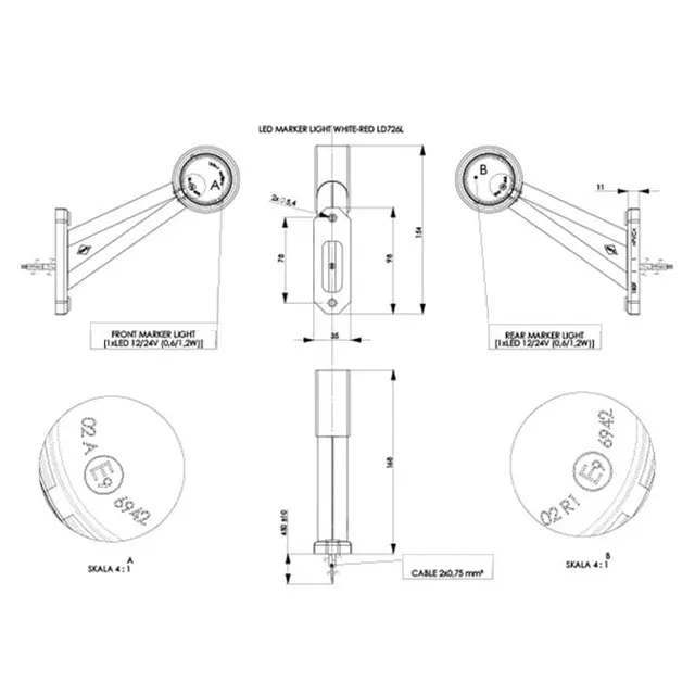 Rødt og hvitt sidemarkeringslys Med 2 stk LED, 12 og 24V, høyre side 