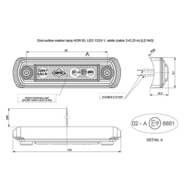 Hvitt markeringslys Med 4 stk LED, 12 og 24V 