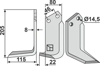 Kniv til Maletti 205x80mm, hull 14,5mm