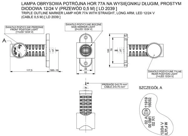 Horpol Markeringslys 3 i 1 Med rett arm | 12/24V 