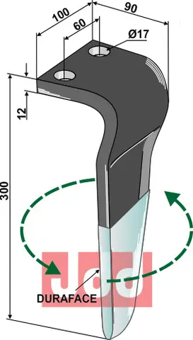 Tine for rotary harrows 300mm, venstre, Duraface