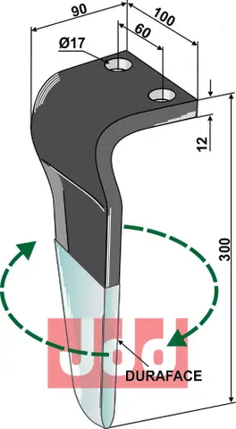 Tine for rotary harrows DURAFACE 300mm, DM, 17mm hull, 100mm bredde