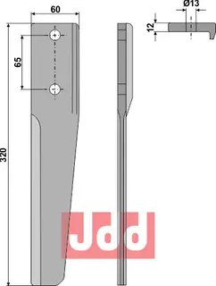 Tine for Breviglieri rotary harv 320mm, 13mm hull, 60mm bred