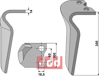 Høyvender tind til Morra/Pegoraro 305 mm - 16,5 mm hull