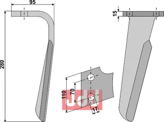 Tine for Falc rotary harv 280mm, tykkelse 15mm, 17 hull