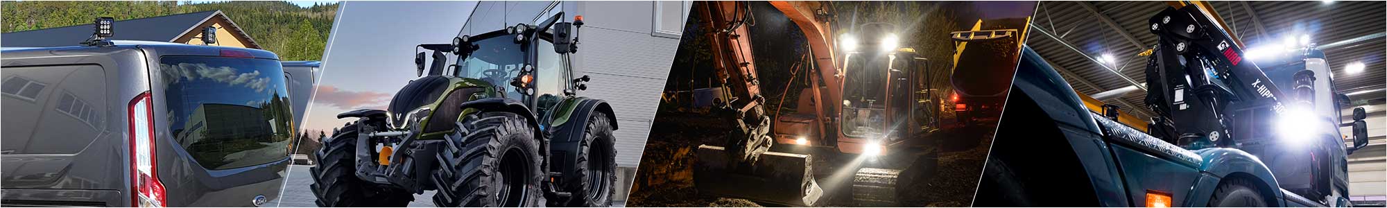 Bil, traktor, gravemaskin og lastebil med arbeidslys på taket.