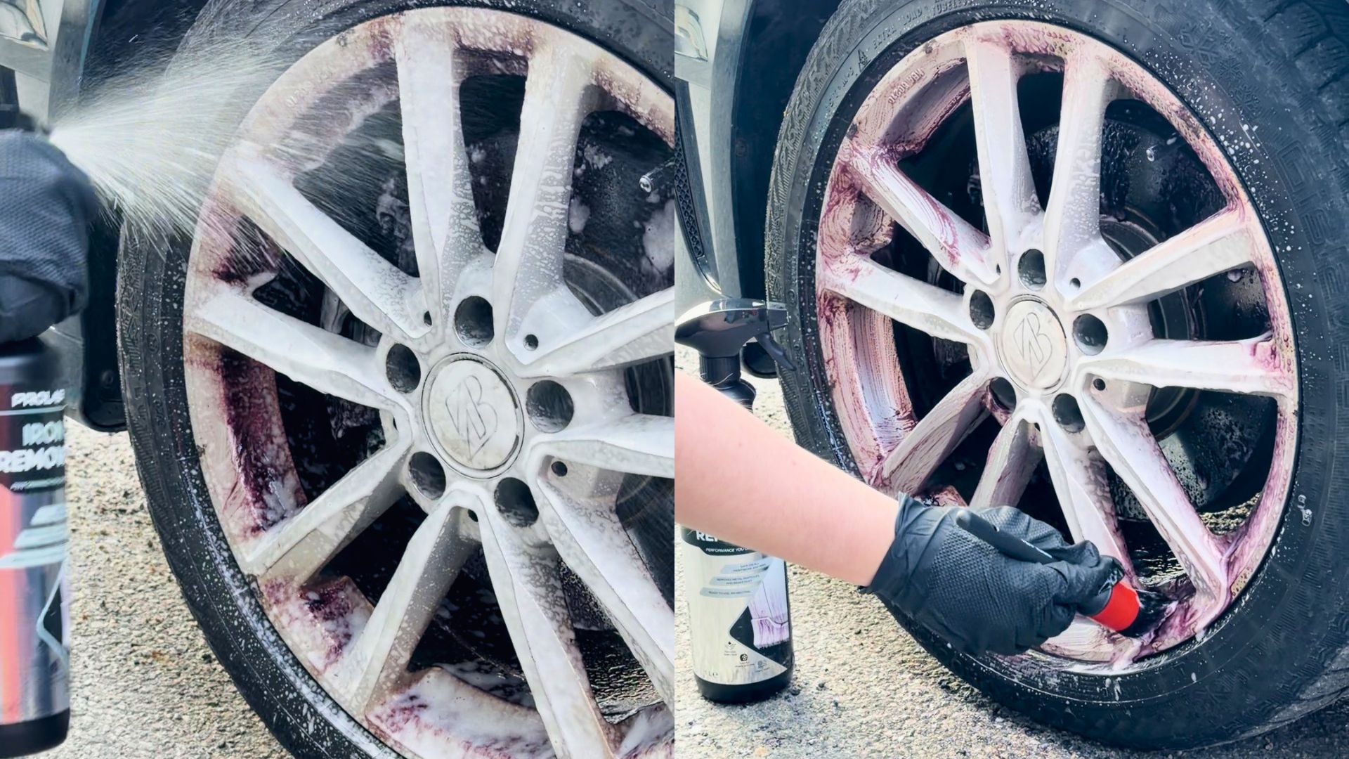 Prolab+ Iron Remover sprayes på felg og jobbes inn med kost