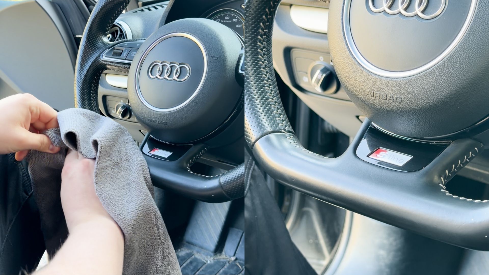 Prolab+ Leather Cleaner før og etter på rattet.